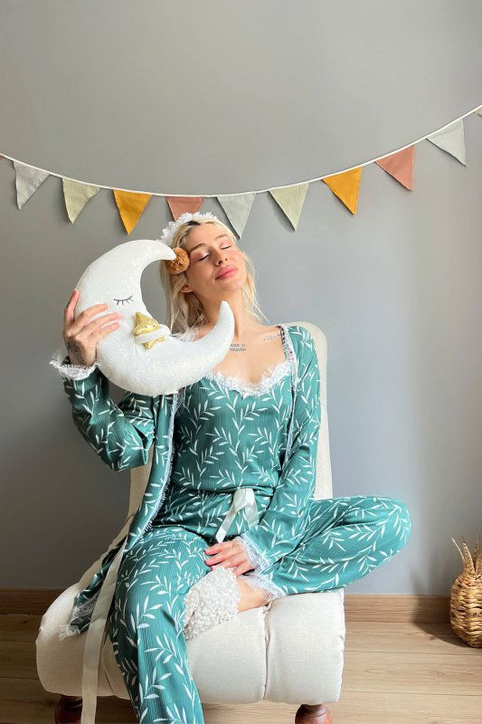 Yeşil Zeytin Dalı Desenli Sabahlıklı Pegasus Pijama Takımı - Pijamaevi (1)