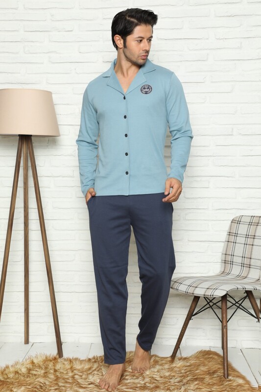 Açık Mavi Önden Düğmeli Uzun Kollu Erkek Pijama Takımı