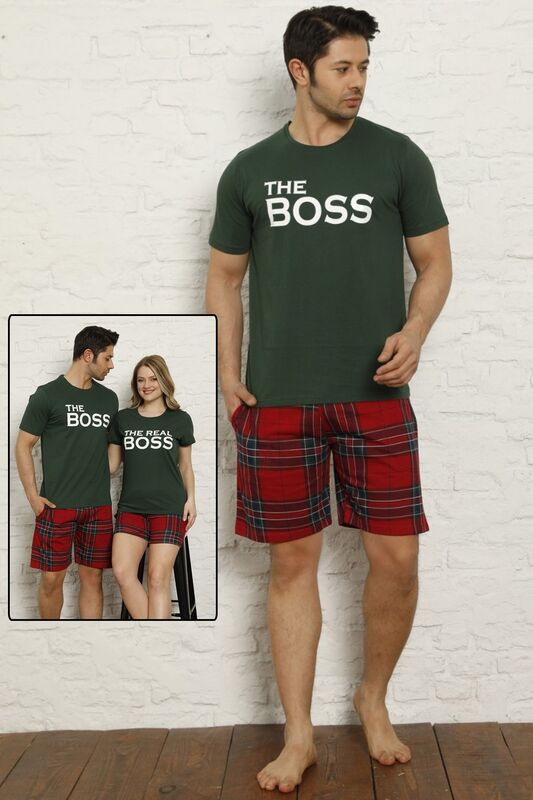 Erkek Yeşil Boss Baskılı Şortlu Sevgili Pijama Takımı Tek Ürün Fiyatıdır