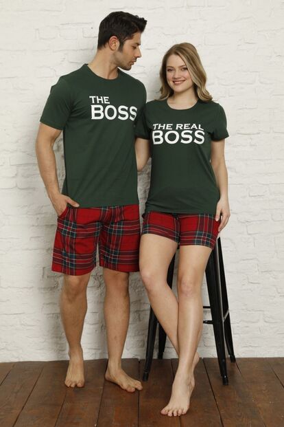 Erkek Yeşil Boss Baskılı Şortlu Sevgili Pijama Takımı Tek Ürün Fiyatıdır - Thumbnail