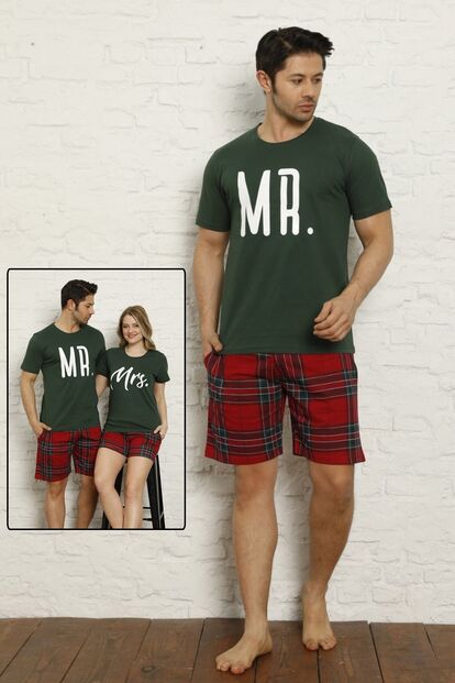 Erkek Yeşil Mrs&Mr Baskılı Şortlu Sevgili Pijama Takımı Tek Ürün Fiyatıdır - Thumbnail