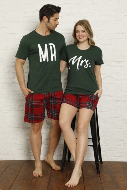 Erkek Yeşil Mrs&Mr Baskılı Şortlu Sevgili Pijama Takımı Tek Ürün Fiyatıdır - Thumbnail