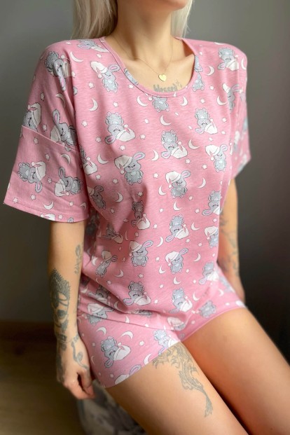 Pembe Capped Tavşan Baskılı Şortlu Kadın Pijama Takımı - Thumbnail