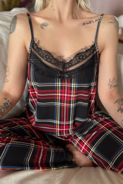 Red Kariran Dantelli İp Askılı Örme Kadın Pijama Takımı - Thumbnail