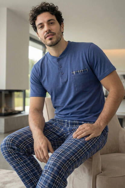 Indigo Blue Kısa Kollu Cep Detaylı Elegant Erkek Pijama Takımı 