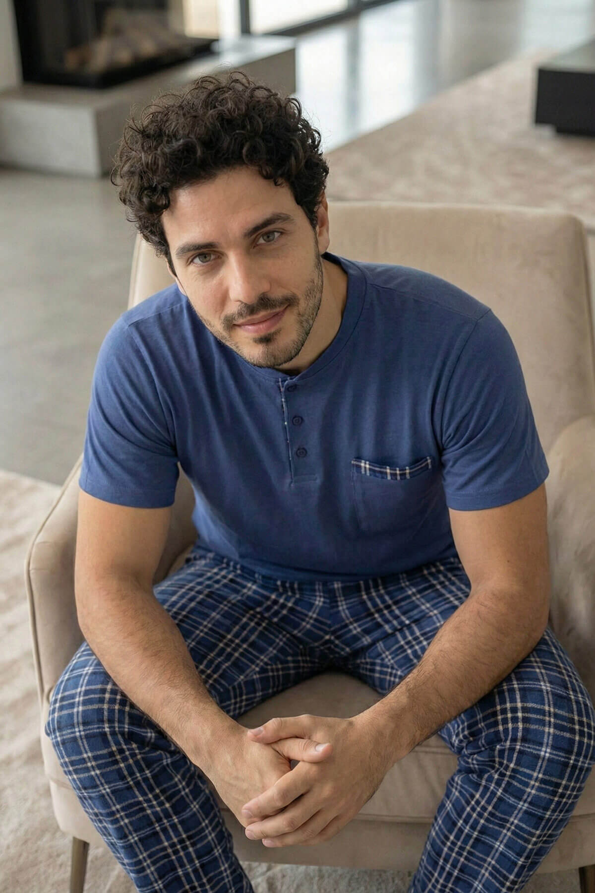 Indigo Blue Kısa Kollu Cep Detaylı Elegant Erkek Pijama Takımı - Pijamaevi (1)