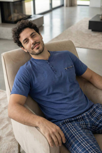 Indigo Blue Kısa Kollu Cep Detaylı Elegant Erkek Pijama Takımı - 3