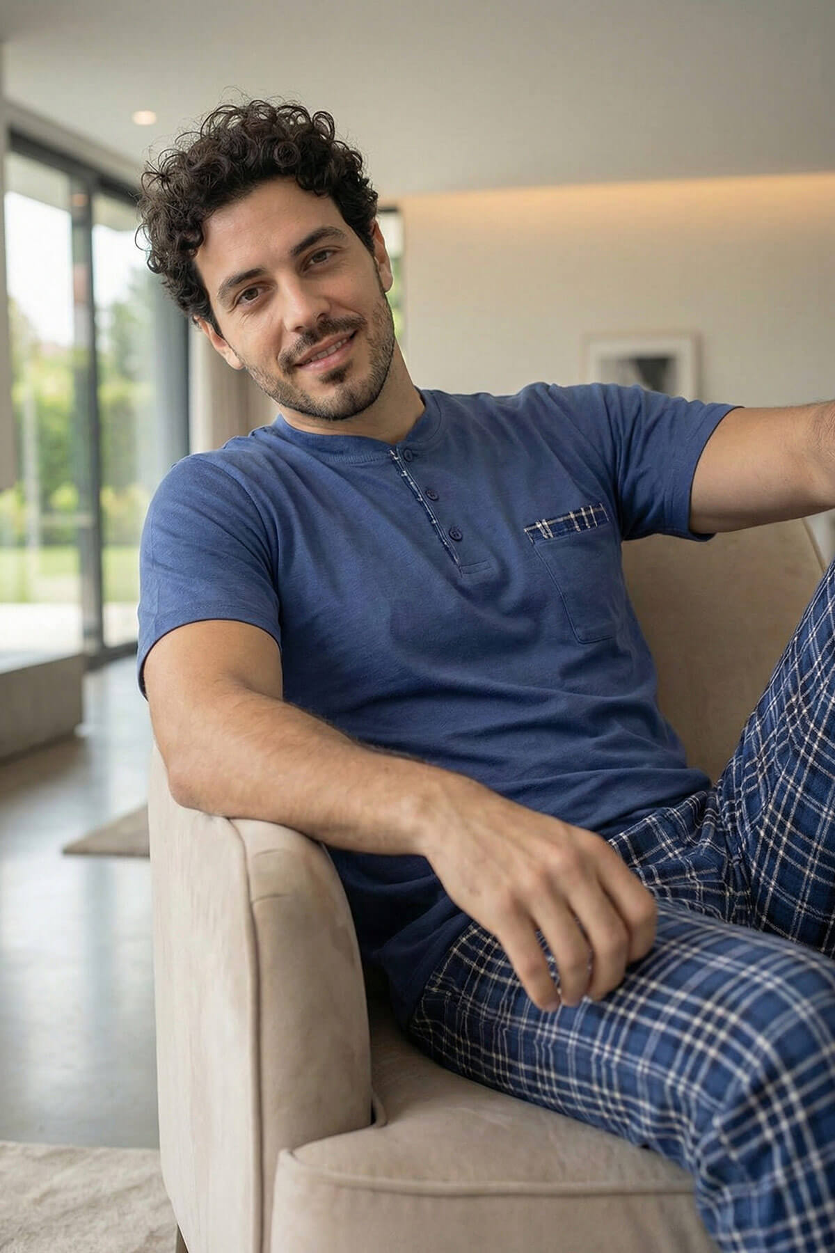 Indigo Blue Kısa Kollu Cep Detaylı Elegant Erkek Pijama Takımı - Pijamaevi (3)