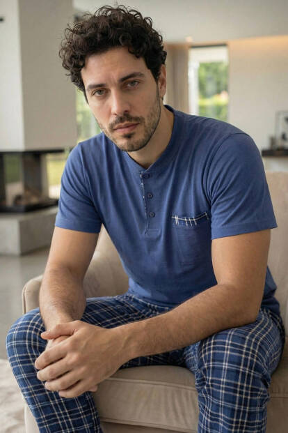 Indigo Blue Kısa Kollu Cep Detaylı Elegant Erkek Pijama Takımı - 5