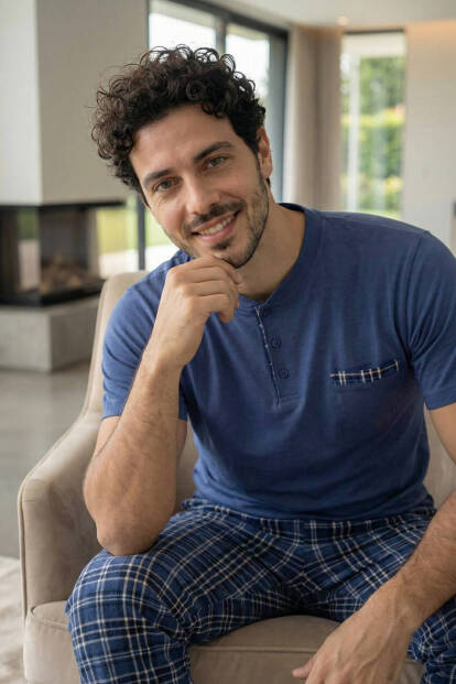 Indigo Blue Kısa Kollu Cep Detaylı Elegant Erkek Pijama Takımı - 6