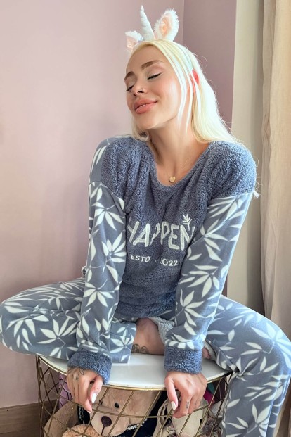 Indigo Happen Desenli Kadın Peluş Pijama Takımı - 1