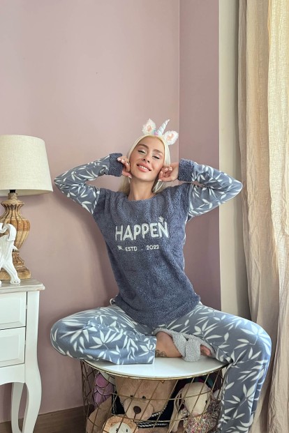 Indigo Happen Desenli Kadın Peluş Pijama Takımı - 2
