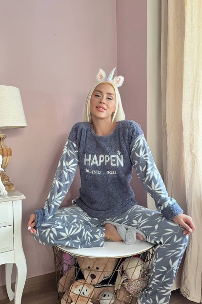Indigo Happen Desenli Kadın Peluş Pijama Takımı - 3