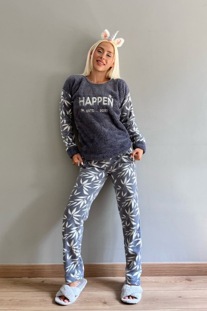 Indigo Happen Desenli Kadın Peluş Pijama Takımı - 4