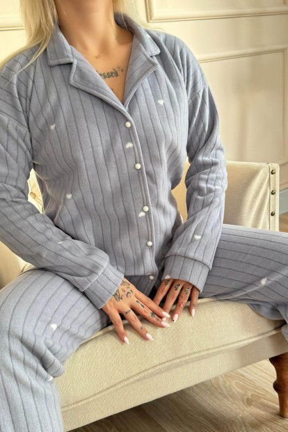 Indigo Jantung Desenli Önden Düğmeli Peluş Polar Pijama Takımı - 5