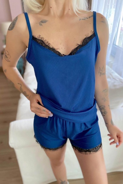 Indigo Kaşkorse Dantel Detaylı İp Askı Şortlu Örme Pijama Takımı - 4