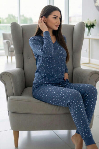 Indigo Point Desenli Uzun Kollu Bambu Örme Kadın Pijama Takımı - 3