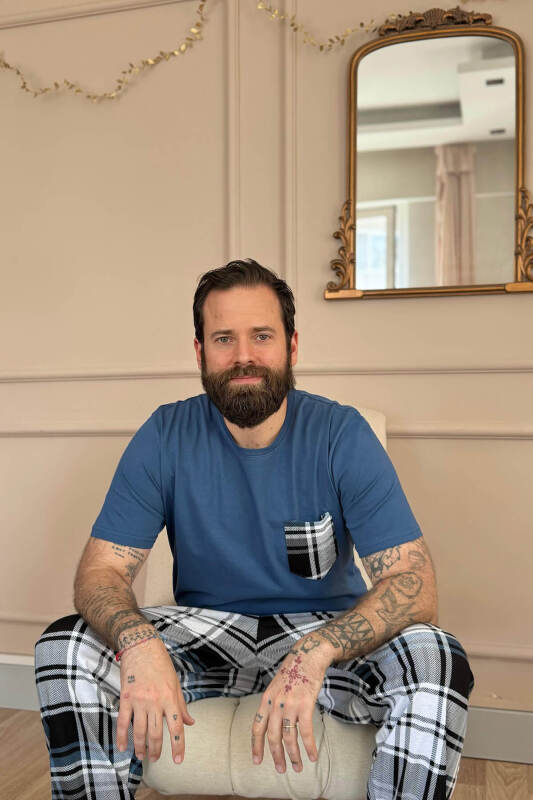 Indigo Siyah Ekose Cep Detay Kısa Kollu Erkek Pijama Takımı - Pijamaevi (1)