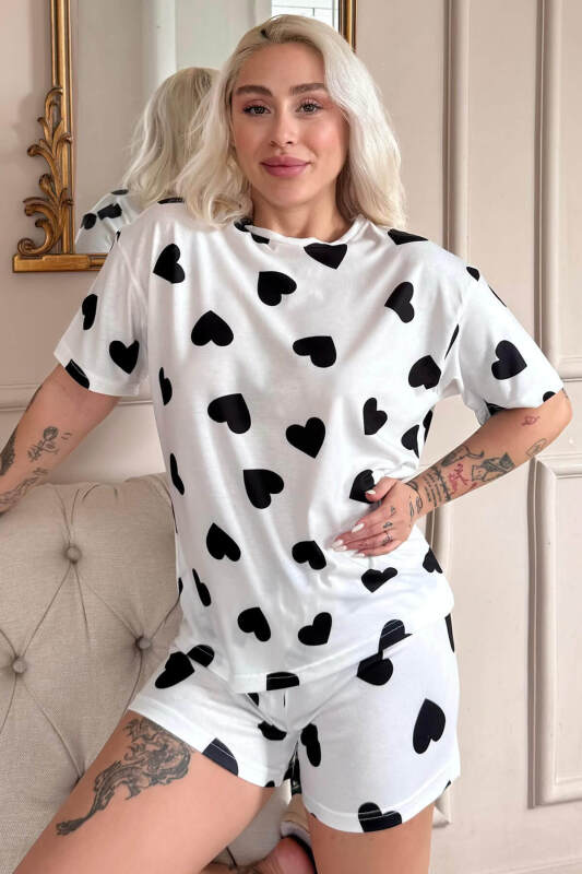 Ivory Passion Heart Desenli Kısa Kollu Şortlu Örme Kadın Pijama Takımı - Pijamaevi