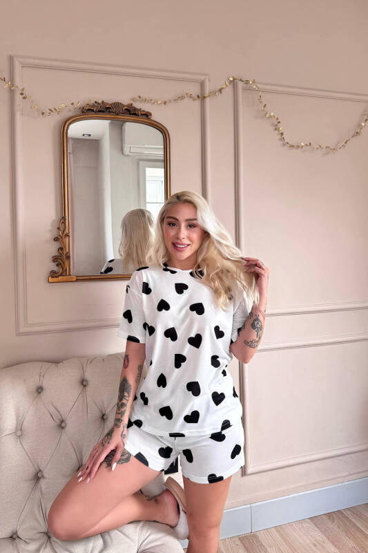 Ivory Passion Heart Desenli Kısa Kollu Şortlu Örme Kadın Pijama Takımı - Pijamaevi (2)
