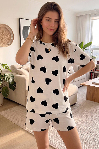 Ivory Passion Heart Desenli Kısa Kollu Şortlu Örme Kadın Pijama Takımı - 5