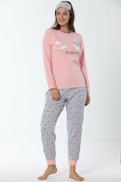 Just Bear Desenli Uzun Kollu Manşetli Kadın Pijama Takımı - 1