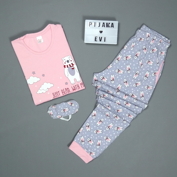 Just Bear Desenli Uzun Kollu Manşetli Kadın Pijama Takımı - 3