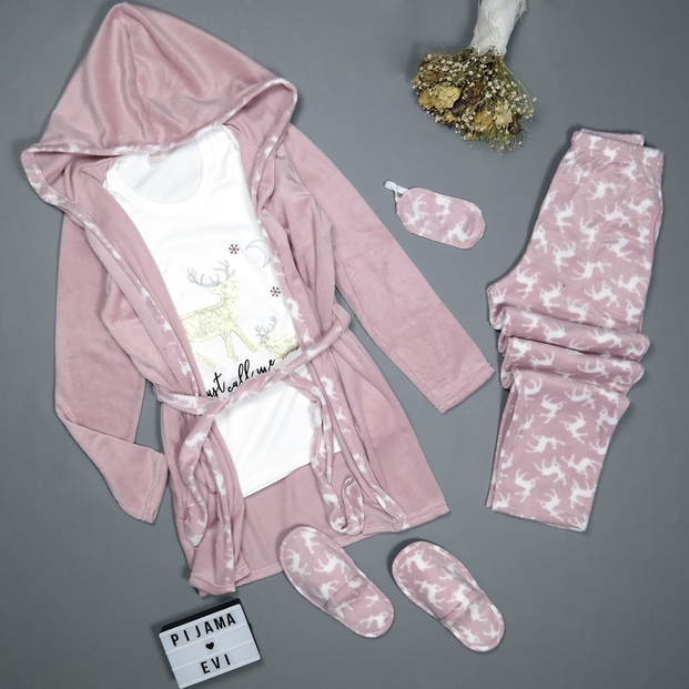 Just Call Me Desenli Sabahlıklı Peluş Pijama Takımı - 1