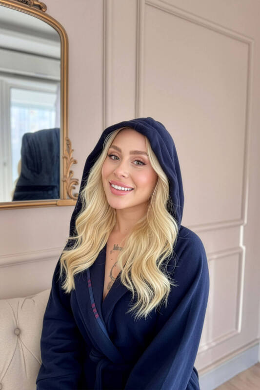 Kadın Lacivert Kapüşonlu Polar Kısa Sabahlık - Pijamaevi (2)