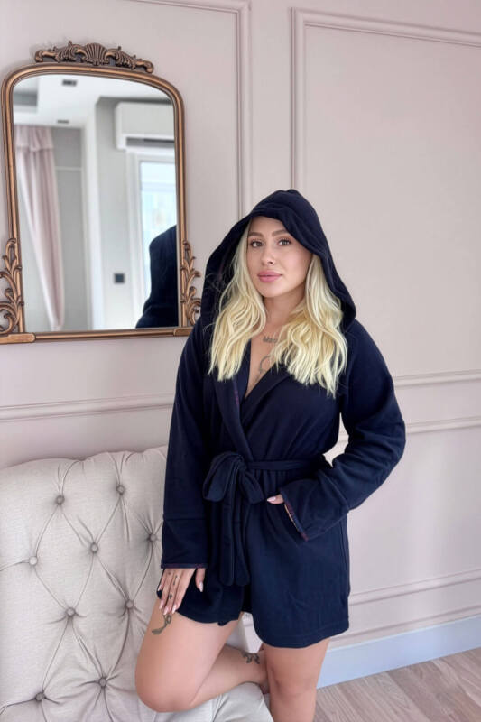 Kadın Lacivert Kapüşonlu Polar Kısa Sabahlık - Pijamaevi (3)