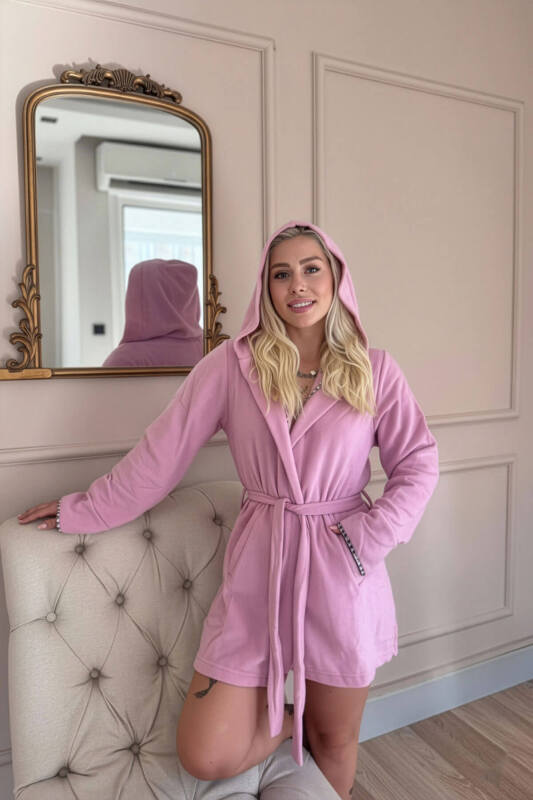 Kadın Pembe Kapüşonlu Polar Kısa Sabahlık - Pijamaevi (1)