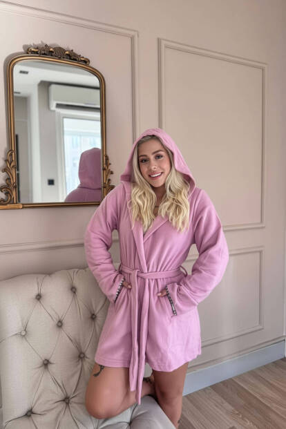Kadın Pembe Kapüşonlu Polar Kısa Sabahlık - 3