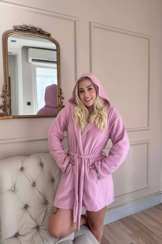 Kadın Pembe Kapüşonlu Polar Kısa Sabahlık - Pijamaevi (2)