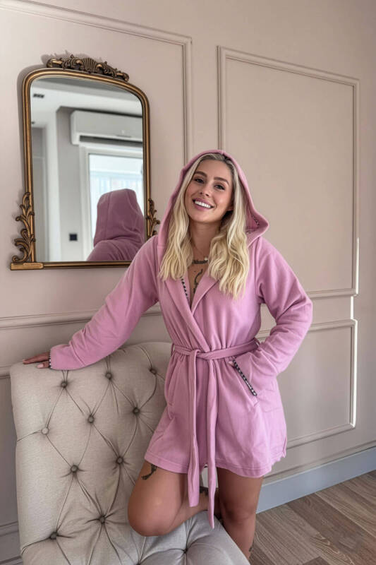 Kadın Pembe Kapüşonlu Polar Kısa Sabahlık - Pijamaevi (3)