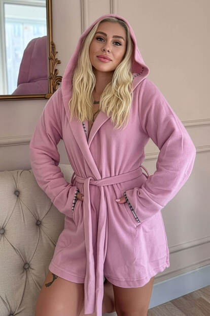 Kadın Pembe Kapüşonlu Polar Kısa Sabahlık - 6