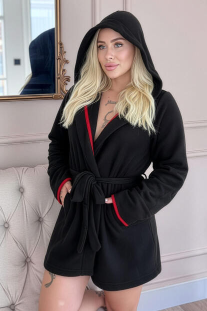 Kadın Siyah Kapüşonlu Polar Kısa Sabahlık - 2