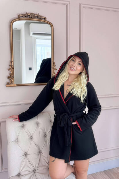 Kadın Siyah Kapüşonlu Polar Kısa Sabahlık - 3