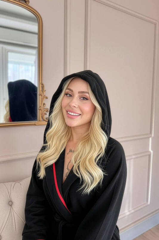 Kadın Siyah Kapüşonlu Polar Kısa Sabahlık - Pijamaevi (3)