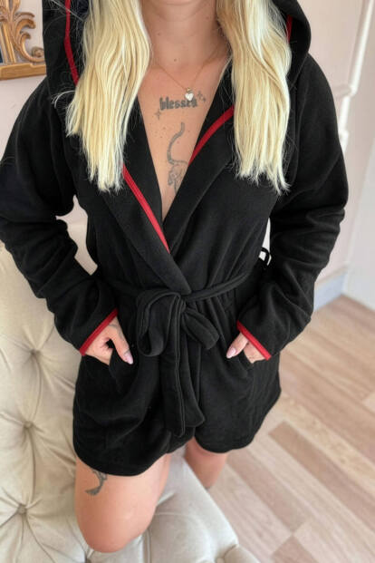 Kadın Siyah Kapüşonlu Polar Kısa Sabahlık - 5