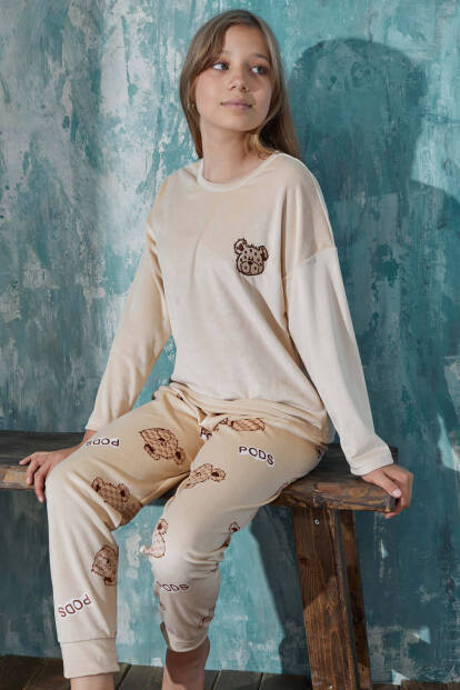 Kahve Bear Head Desenli Exclusive Kadife Kız Çocuk Pijama Takımı  - 7