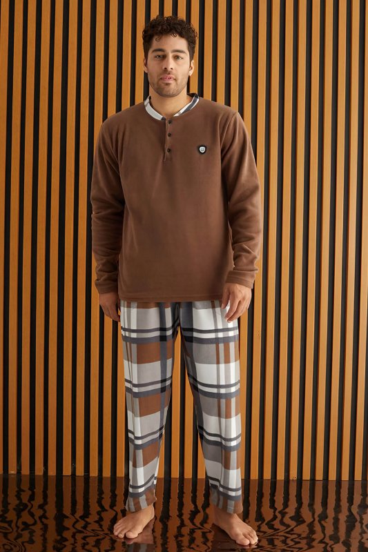 Kahve Beyaz Ekose Desenli Polar Erkek Pijama Takımı - Pijamaevi (1)