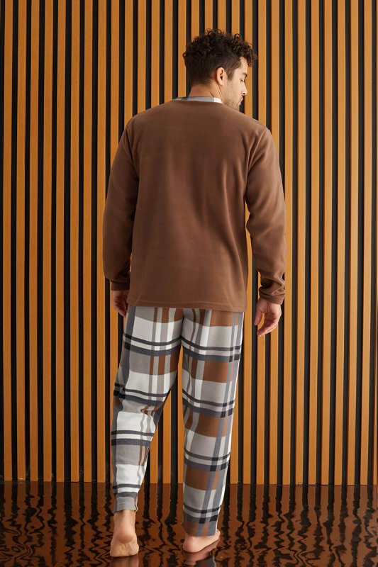 Kahve Beyaz Ekose Desenli Polar Erkek Pijama Takımı - Pijamaevi (2)