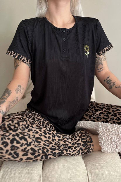 Kahve Çiçek Nakışlı Kısa Kollu Örme Kadın Pijama Takımı - 4