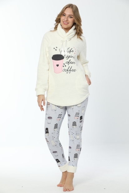 Kahve Desenli Tam Peluş Pijama Takımı - 1