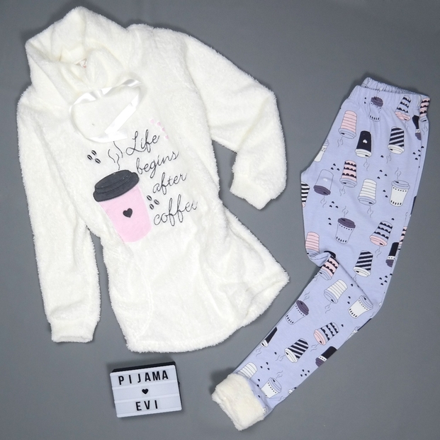 Kahve Desenli Tam Peluş Pijama Takımı - 2