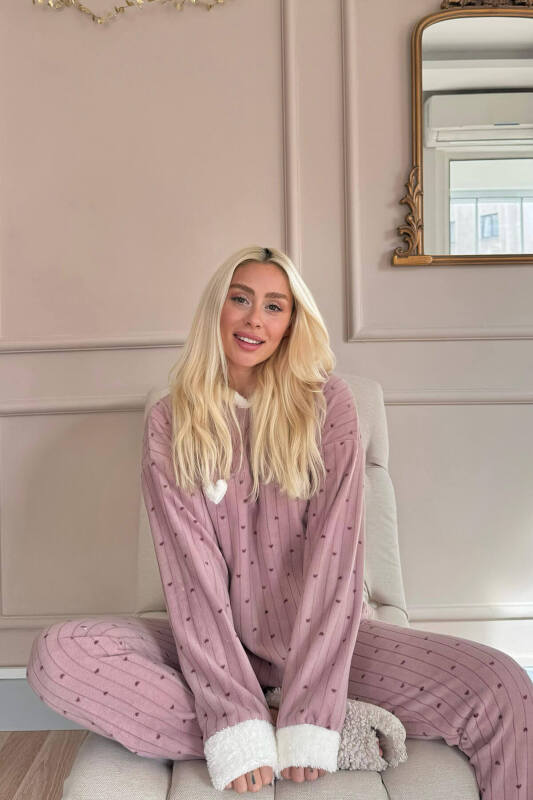 Kahve Heart Magic Desenli Kapşonlu Peluş Polar Pijama - Pijamaevi (1)