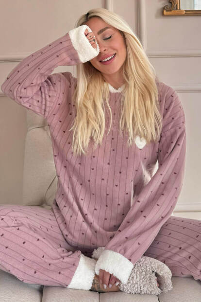 Kahve Heart Magic Desenli Kapşonlu Peluş Polar Pijama - 7
