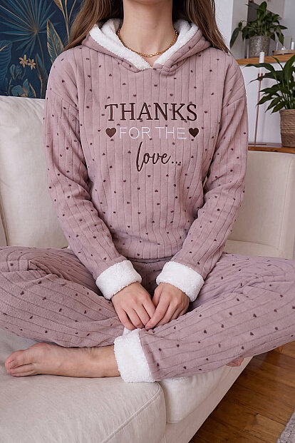 Kahve Heart Magic Desenli Kapşonlu Peluş Polar Pijama - 6