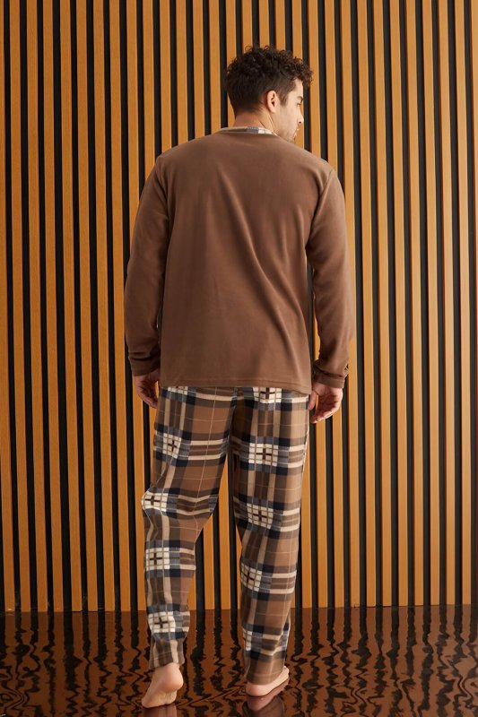 Kahve Krem Ekose Desenli Polar Erkek Pijama Takımı - Pijamaevi (2)