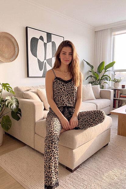 Kahve Leopar Baskılı Dantelli İp Askılı Örme Kadın Pijama Takımı - 5